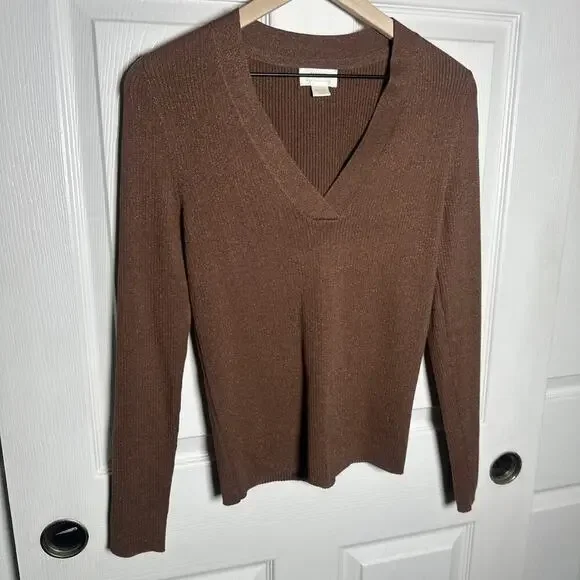 Maeve Thea Ribbed V-Neck Sweater Top Medium Honey Brown Metallic Anthropologie - Picture 6 of 9